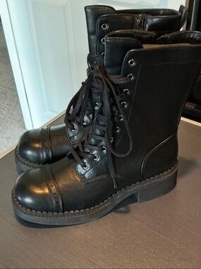Black Lace-Up Combat Boots with Side Zipper